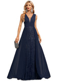 Violet Trumpet/Mermaid V-Neck Floor-Length Chiffon Lace Sequin Evening Dress With Pleated STIP0020783