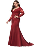 Ivy Trumpet/Mermaid V-Neck Sweep Train Lace Satin Prom Dresses With Sequins STIP0020931