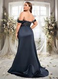 Katelyn Trumpet/Mermaid Off the Shoulder Sweep Train Satin Prom Dresses With Sequins Appliques Lace STIP0025835