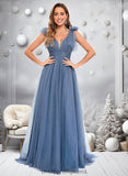 Kamari A-line V-Neck Sweep Train Tulle Prom Dresses With Bow STIP0025854