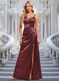 Trudie A-line Asymmetrical Floor-Length Stretch Satin Bridesmaid Dress STIP0025828