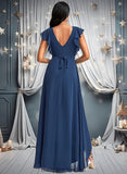 Claudia A-line V-Neck Asymmetrical Chiffon Bridesmaid Dress With Ruffle STIP0025733