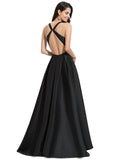 Anna A-line V-Neck Asymmetrical Satin Evening Dress STIP0020855