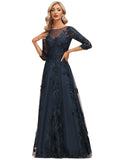 Leah A-line Scoop Illusion Floor-Length Lace Tulle Evening Dress With Sequins STIP0020983