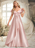 Jaden A-line V-Neck Floor-Length Stretch Satin Bridesmaid Dress With Ruffle STIP0025787