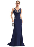 Kendra Trumpet/Mermaid V-Neck Sweep Train Stretch Crepe Evening Dress With Pleated Appliques Lace STIP0020936