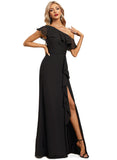 Azul Sheath/Column Asymmetrical Floor-Length Chiffon Evening Dress With Cascading Ruffles STIP0020804