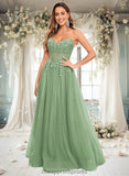 Kamila Ball-Gown/Princess V-Neck Floor-Length Tulle Prom Dresses With Sequins Appliques Lace STIP0025837