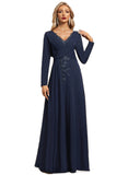 Rosemary A-line V-Neck Floor-Length Stretch Crepe Evening Dress With Pleated Appliques Lace Sequins STIP0020932