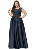 Evelin Ball-Gown/Princess Scoop Floor-Length Satin Prom Dresses With Beading Bow Sequins STIP0020874