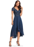 Joslyn A-line V-Neck Asymmetrical Chiffon Lace Cocktail Dress STIP0020782