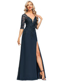 Emilie Sheath/Column V-Neck Floor-Length Chiffon Lace Evening Dress With Sequins STIP0020915