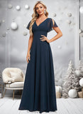 Kenley A-line V-Neck Floor-Length Chiffon Bridesmaid Dress STIP0025806