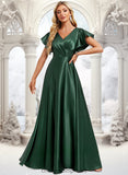 Addison A-line V-Neck Floor-Length Stretch Satin Bridesmaid Dress With Ruffle STIP0025773