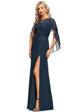 Jaylin Sheath/Column Scoop Illusion Floor-Length Chiffon Lace Evening Dress With Pleated Sequins STIP0020975