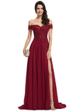 Bella A-line Off the Shoulder Sweep Train Chiffon Lace Evening Dress With Sequins STIP0020830