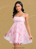 Makaila A-line Straight Mini Lace Homecoming Dress With Bow Flower STIP0025670