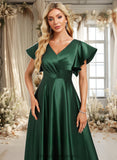 Isabell A-line V-Neck Floor-Length Satin Bridesmaid Dress With Ruffle STIP0025777