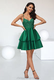 Josephine A-line V-Neck Short/Mini Lace Satin Homecoming Dress With Sequins STIP0020499