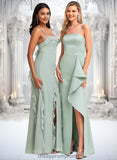 Brenda A-line Square Floor-Length Satin Bridesmaid Dress With Ruffle STIP0025736