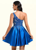 Aliana A-line One Shoulder Short Satin Homecoming Dress With Appliques Lace Sequins STIP0025657