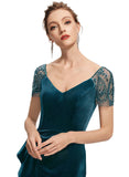 Harper Sheath/Column V-Neck Sweep Train Velvet Evening Dress With Beading Cascading Ruffles STIP0020875