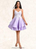 Ayanna A-line V-Neck Short Satin Homecoming Dress With Appliques Lace STIP0025696