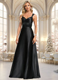 Jamiya A-line V-Neck Floor-Length Stretch Satin Prom Dresses With Bow STIP0025882