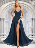 Jaelyn A-line V-Neck Floor-Length Chiffon Prom Dresses With Pleated STIP0025830