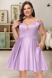 Jaliyah A-line Off the Shoulder Short/Mini Satin Homecoming Dress With Bow STIP0020568