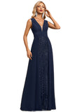 Violet Trumpet/Mermaid V-Neck Floor-Length Chiffon Lace Sequin Evening Dress With Pleated STIP0020783