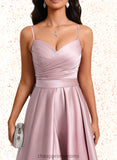 Micaela A-line V-Neck Asymmetrical Satin Homecoming Dress With Bow Pleated STIP0025699