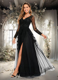 Kathleen A-line V-Neck Floor-Length Tulle Prom Dresses With Sequins Appliques Lace Beading STIP0025834