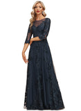 Leah A-line Scoop Illusion Floor-Length Lace Tulle Evening Dress With Sequins STIP0020983