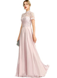 Elsie A-line High Neck Floor-Length Chiffon Lace Evening Dress STIP0020977