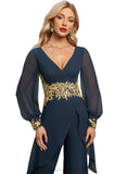 Claire Jumpsuit/Pantsuit V-Neck Floor-Length Chiffon Evening Dress With Appliques Lace STIP0020778