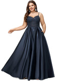 Claire A-line V-Neck Floor-Length Lace Satin Prom Dresses With Sequins STIP0020847