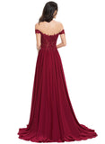 Bella A-line Off the Shoulder Sweep Train Chiffon Lace Evening Dress With Sequins STIP0020830