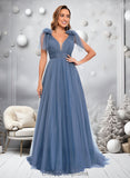 Kamari A-line V-Neck Sweep Train Tulle Prom Dresses With Bow STIP0025854