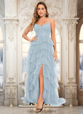 Ella Ball-Gown/Princess V-Neck Sweep Train Tulle Prom Dresses STIP0025833