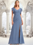 Kiara A-line V-Neck Floor-Length Chiffon Bridesmaid Dress With Ruffle STIP0025729