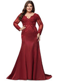 Ivy Trumpet/Mermaid V-Neck Sweep Train Lace Satin Prom Dresses With Sequins STIP0020931