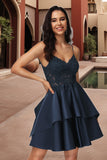 Katelynn A-line V-Neck Short/Mini Lace Satin Homecoming Dress STIP0020504