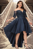 Princess A-line Off the Shoulder Asymmetrical Lace Satin Homecoming Dress With Sequins STIP0020580