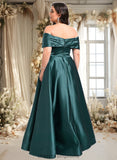 Lucile A-line Off the Shoulder Floor-Length Satin Prom Dresses With Pleated STIP0025851