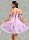 Regan Ball-Gown/Princess Off the Shoulder Short Tulle Homecoming Dress With Pleated Flower STIP0025668