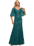 Kaila Sheath/Column V-Neck Floor-Length Lace Sequin Evening Dress STIP0020995