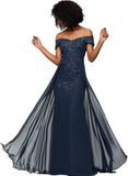 Hadley Sheath/Column Off the Shoulder Floor-Length Chiffon Lace Evening Dress With Sequins STIP0020812