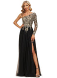 Peyton A-line One Shoulder Floor-Length Lace Tulle Evening Dress With Sequins STIP0020839