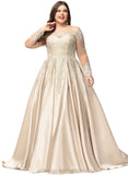 Izabelle Ball-Gown/Princess Off the Shoulder Sweep Train Lace Satin Prom Dresses With Sequins STIP0020890